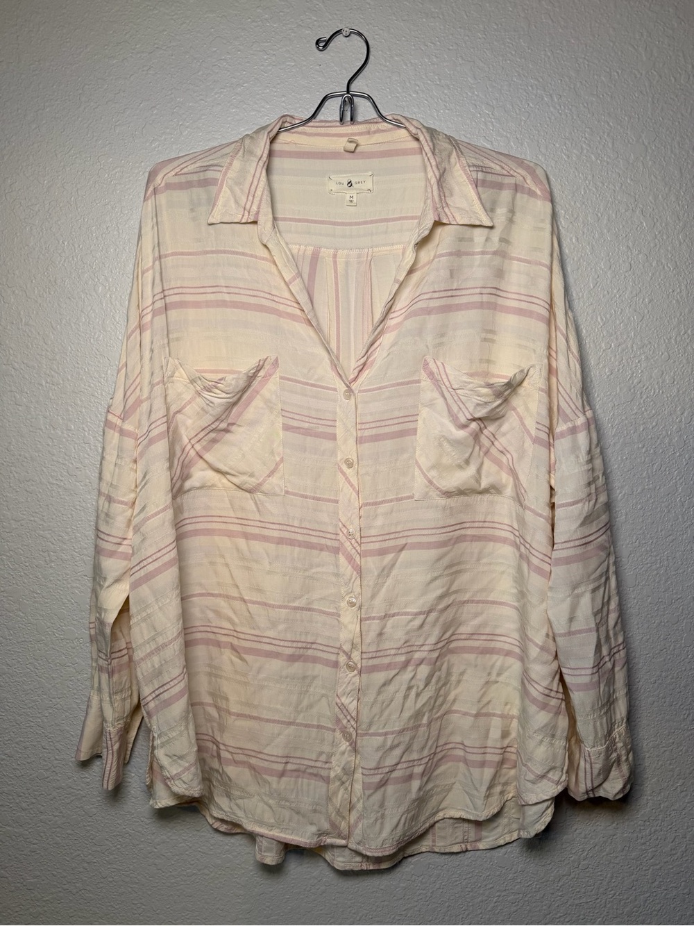 Lou & Grey Cream and Light Pink Striped Button-Down Shirt Blouse Size M